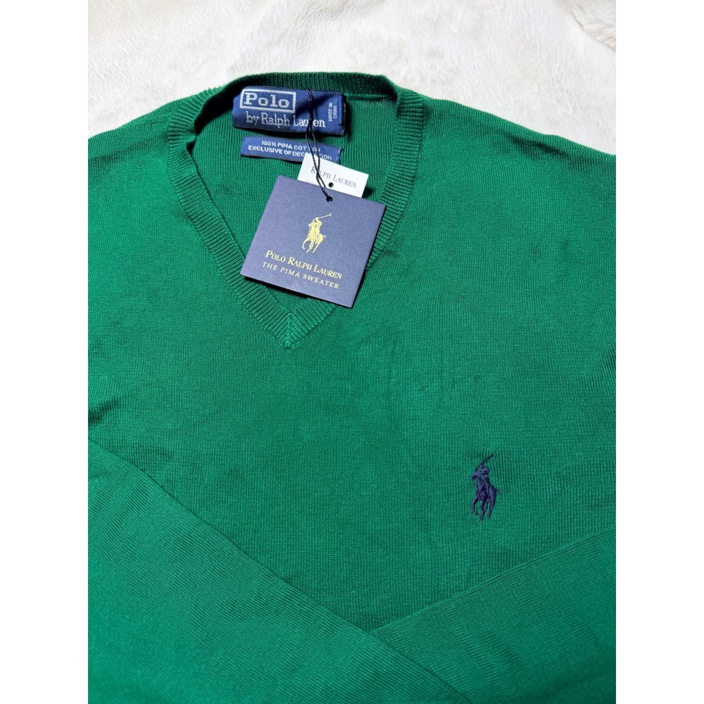 NWT Polo Ralph Lauren Mens Pima Cotton V-Neck Sweater Emerald Green Small